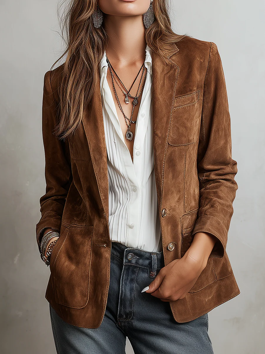 Brown tailored women's blazer with contrast stitching from Bennett and Lowe Verona collection, featuring a structured fit and lapel collar.