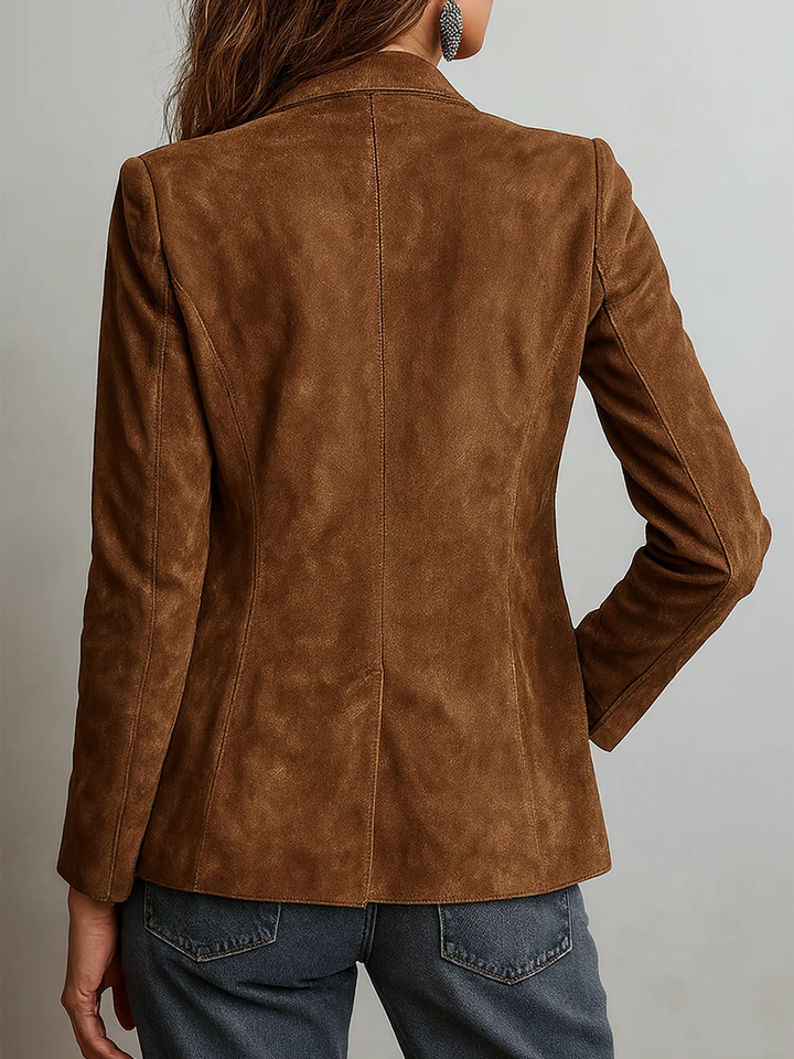 Brown tailored blazer for women with contrast stitching, from Bennett and Lowe's Verona collection, shown on a mannequin.