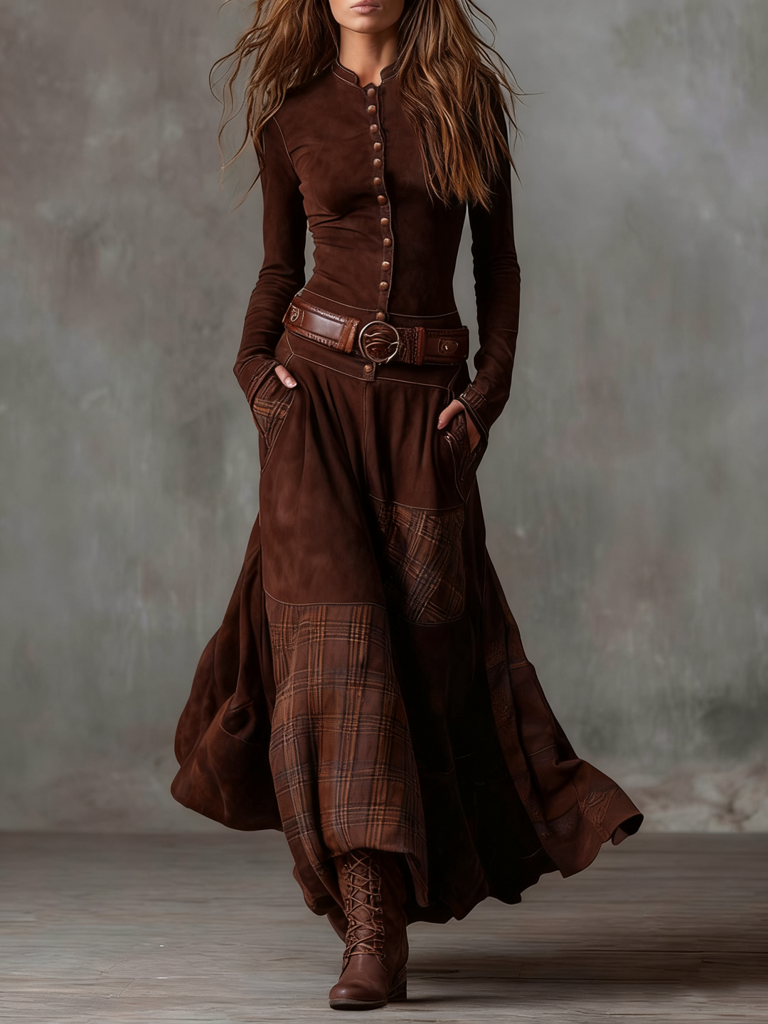 Helena Ivy | Belted Plaid Long-Sleeve Maxi Dress for Women