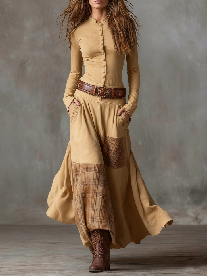 Helena Ivy | Belted Plaid Long-Sleeve Maxi Dress for Women