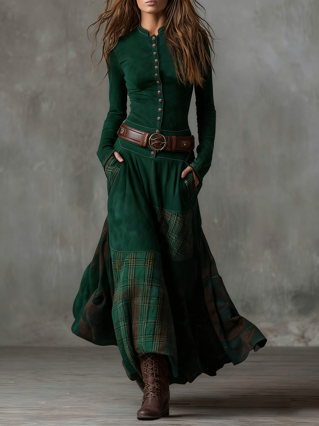 Helena Ivy | Belted Plaid Long-Sleeve Maxi Dress for Women