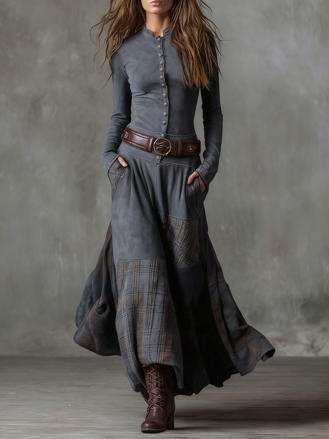 Helena Ivy | Belted Plaid Long-Sleeve Maxi Dress for Women