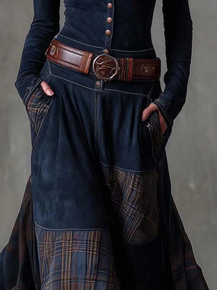 Helena Ivy | Belted Plaid Long-Sleeve Maxi Dress for Women