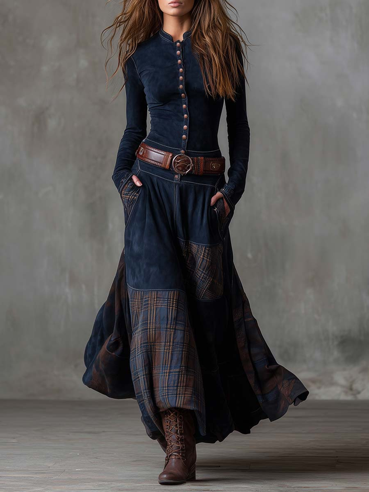 Helena Ivy | Belted Plaid Long-Sleeve Maxi Dress for Women