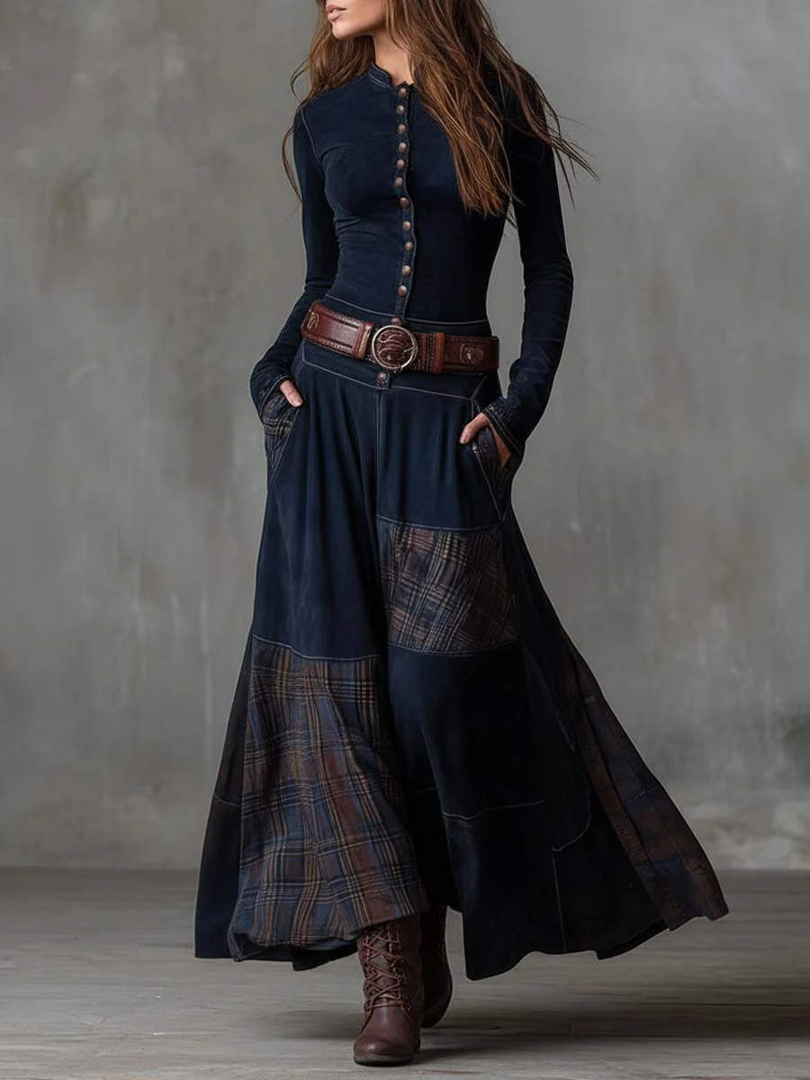 Helena Ivy | Belted Plaid Long-Sleeve Maxi Dress for Women