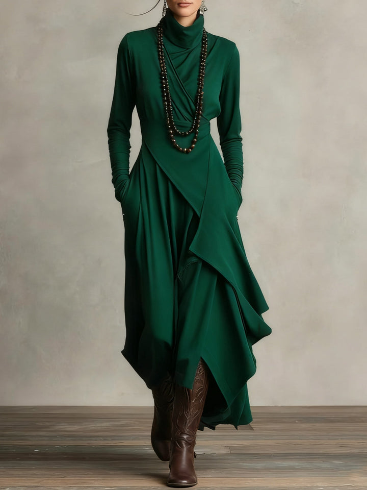 Green Genevieve turtleneck draped maxi dress for women by Bennett and Lowe, featuring a flowing silhouette and elegant design.