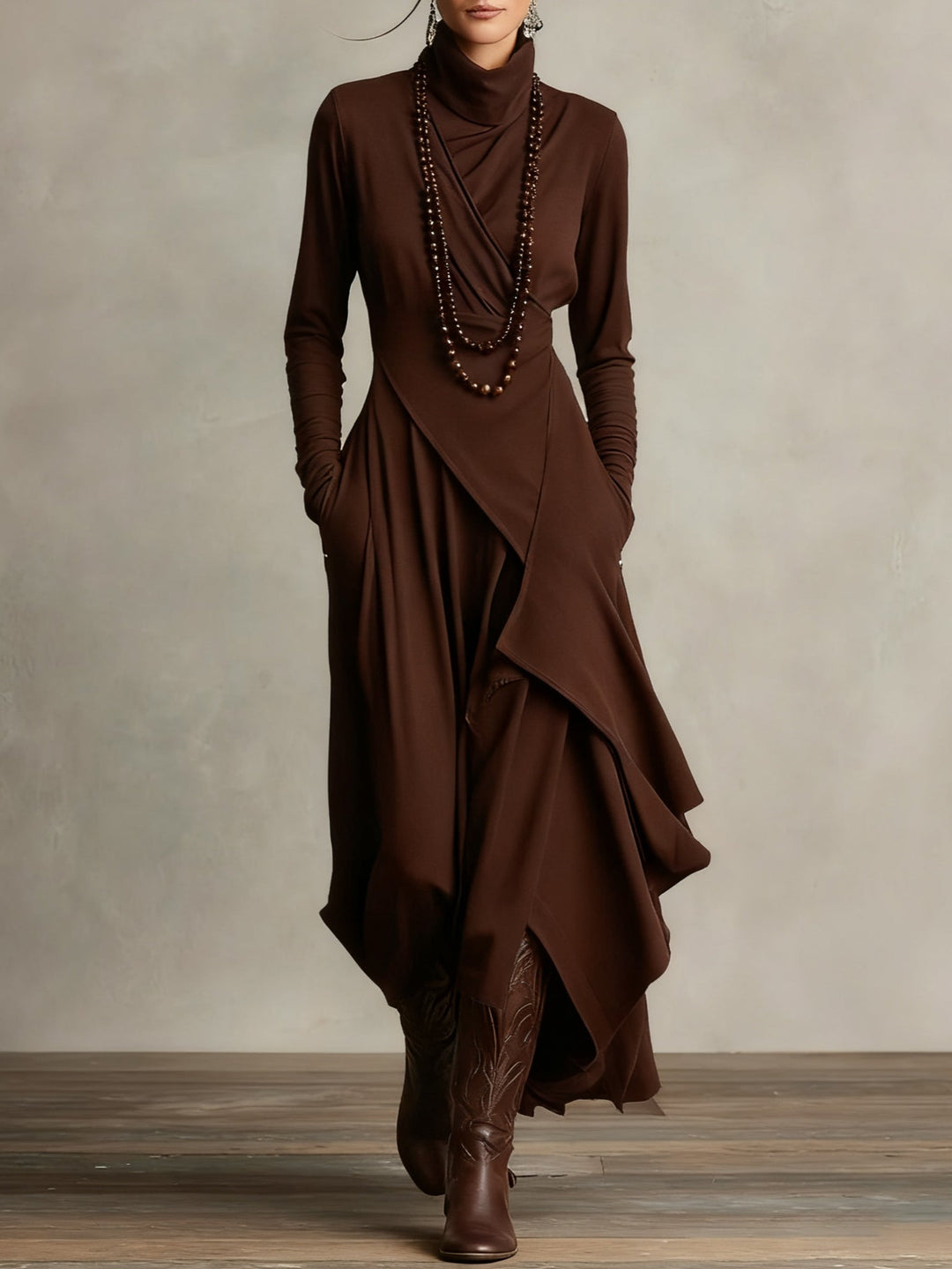 Genevieve Bennett and Lowe brown turtleneck draped maxi dress for women, featuring a flowing silhouette and elegant design.