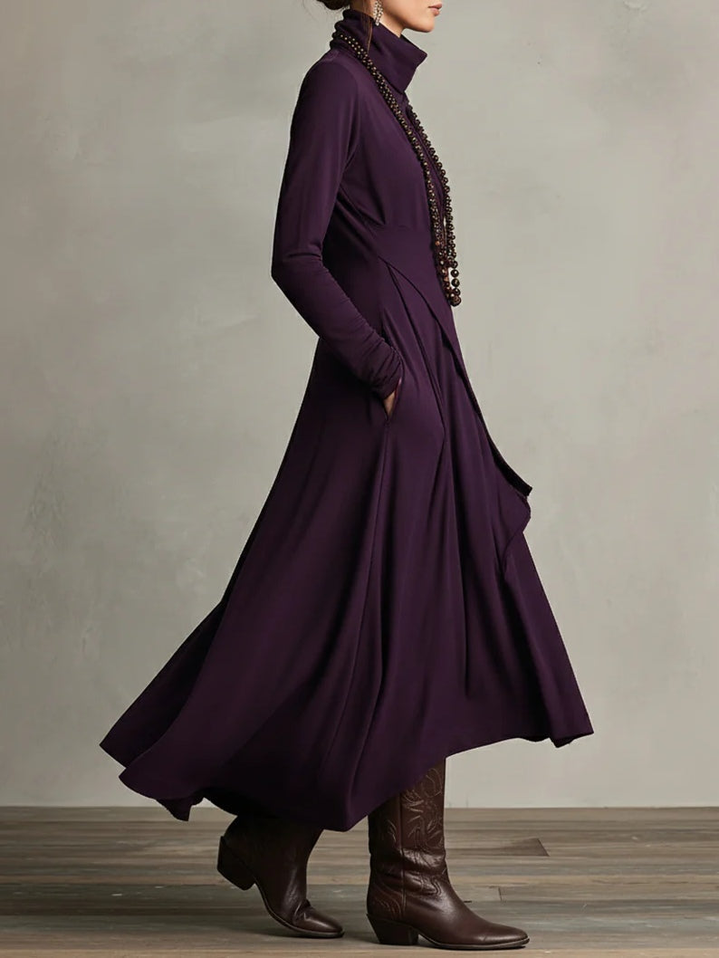 Genevieve Bennett and Lowe women's turtleneck draped maxi dress, featuring a flowing silhouette and elegant design.