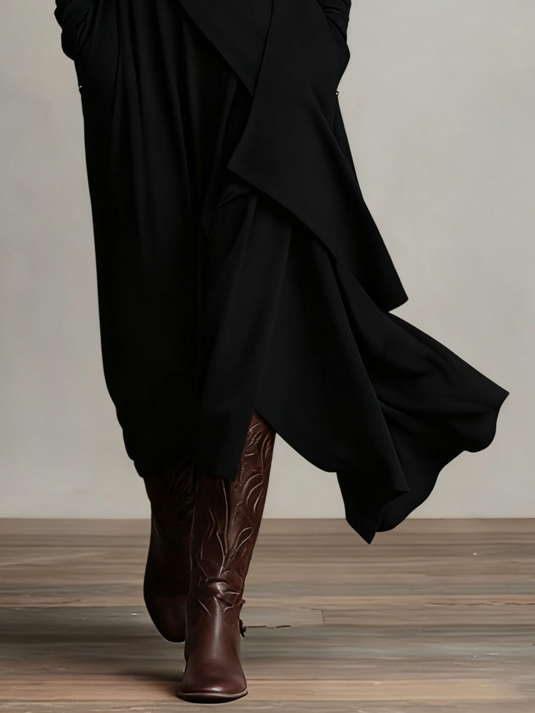 Genevieve Bennett and Lowe women's turtleneck draped maxi dress, featuring a flowing silhouette and elegant design in soft fabric.