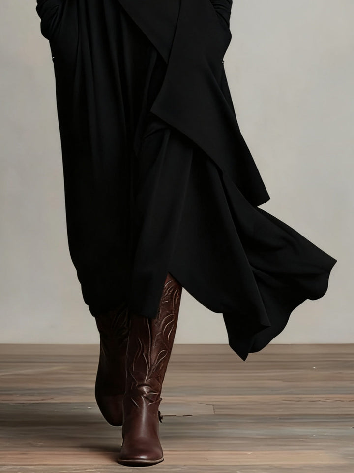 Genevieve Bennett and Lowe women's turtleneck draped maxi dress, featuring a flowing silhouette and elegant design in soft fabric.