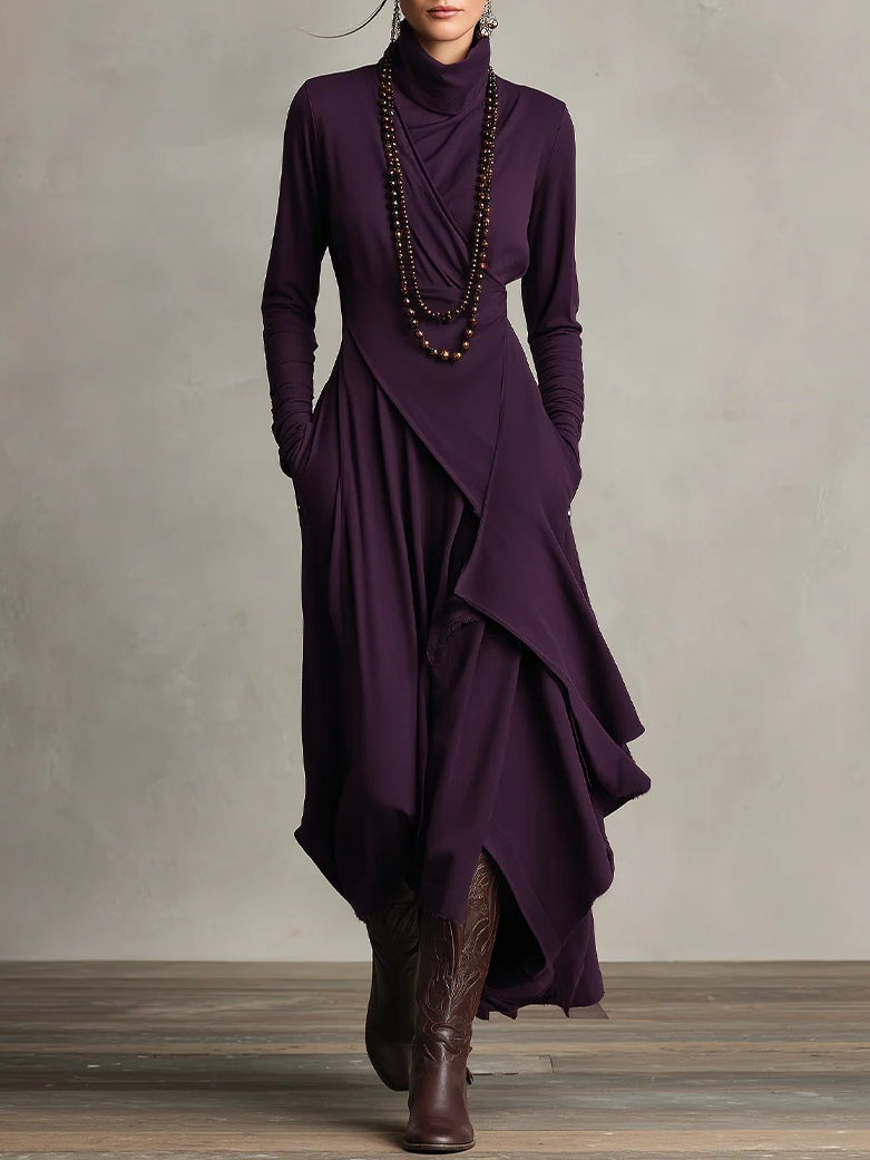 Genevieve turtleneck draped maxi dress for women by Bennett and Lowe, featuring a flowing silhouette and elegant design.