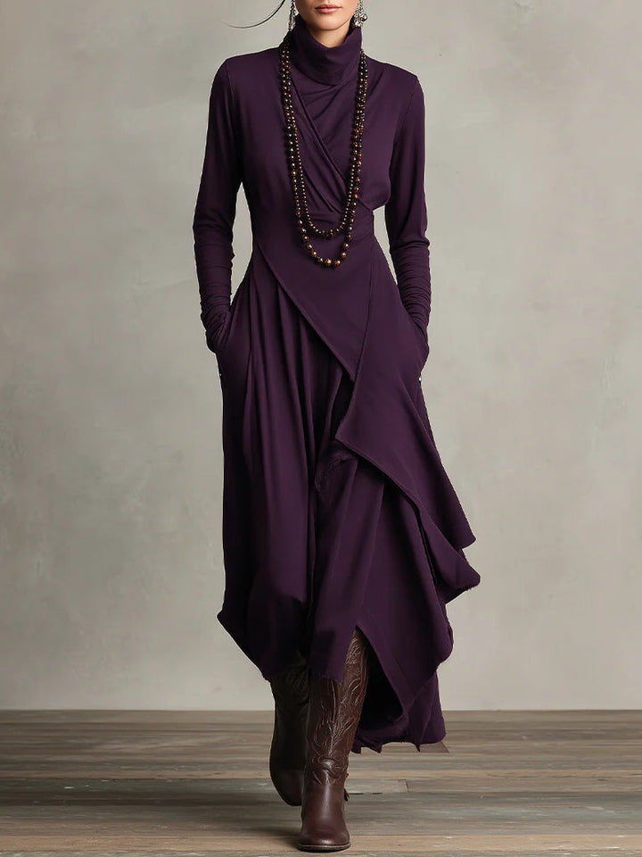 Genevieve turtleneck draped maxi dress for women by Bennett and Lowe, featuring a flowing silhouette and elegant design.