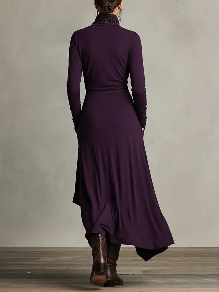 Genevieve Bennett and Lowe women's turtleneck draped maxi dress, shown in a flowing fabric with elegant draping and full length.
