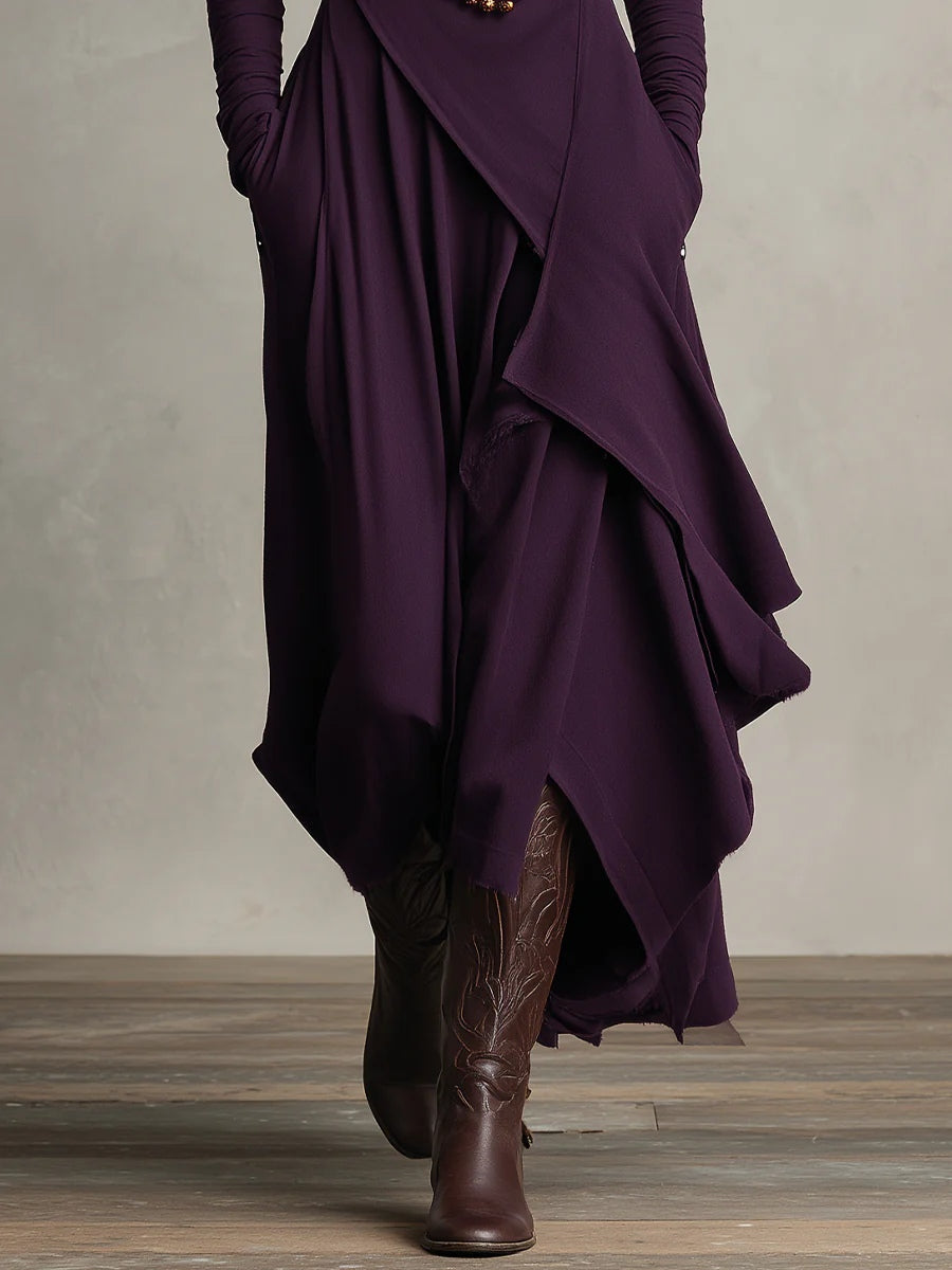 Genevieve Bennett and Lowe women's turtleneck draped maxi dress, showcasing elegant fabric and stylish drape detail.
