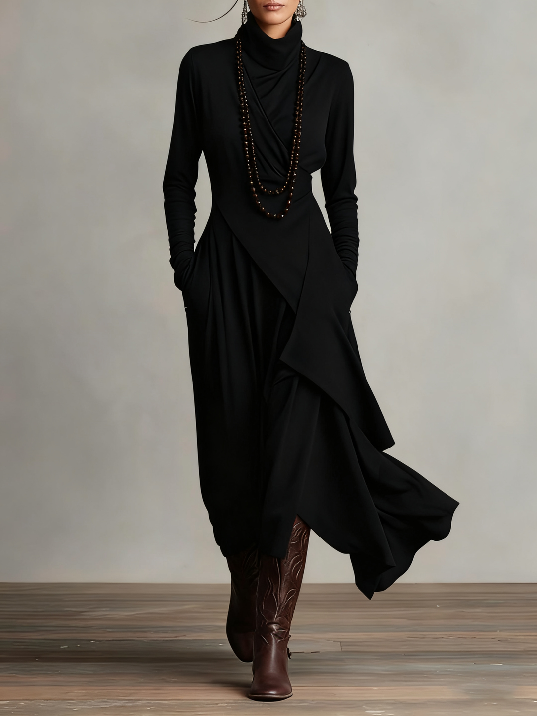 Genevieve Bennett and Lowe women's turtleneck draped maxi dress in yellow, featuring a flowing silhouette and elegant design.