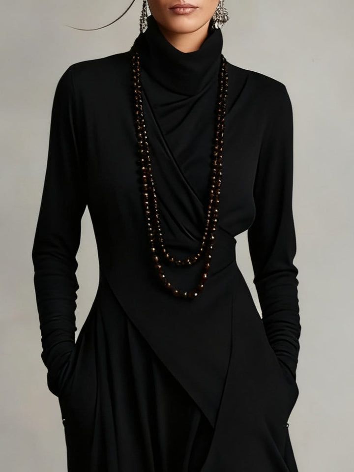 Genevieve Bennett and Lowe women's turtleneck draped maxi dress, featuring a flowing silhouette and elegant design in soft fabric.