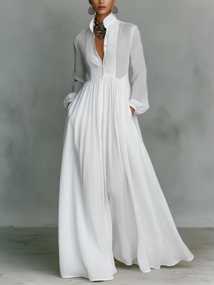 Léonie high-neck minimalist maxi dress for women by Bennett and Lowe, featuring a sleek, elegant silhouette and smooth fabric.