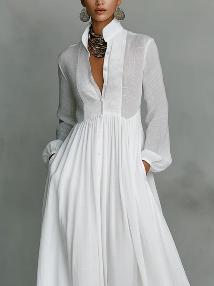 Léonie high-neck minimalist maxi dress for women by Bennett and Lowe, shown in a sleek, elegant style with a fitted silhouette.