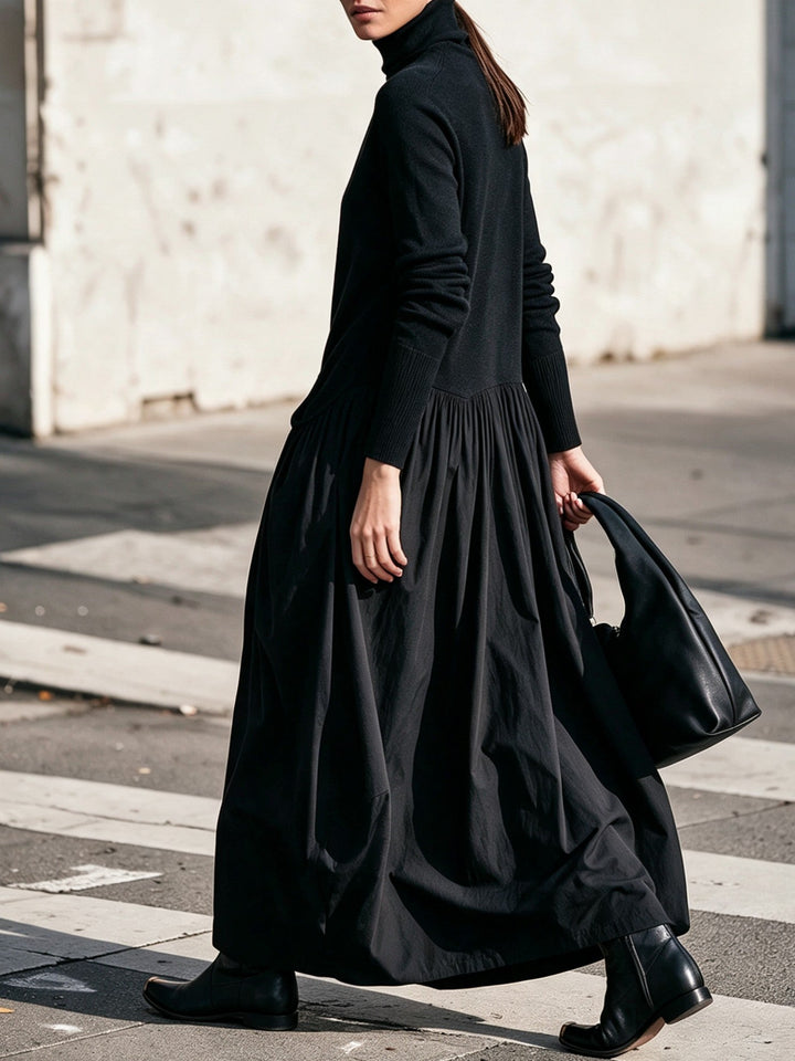 Bennett and Lowe Bridget turtleneck drop-waist pocket maxi dress in a full-length silhouette