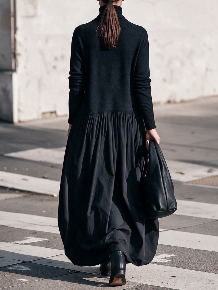 Bennett and Lowe Bridget turtleneck drop-waist pocket maxi dress in a full-length silhouette