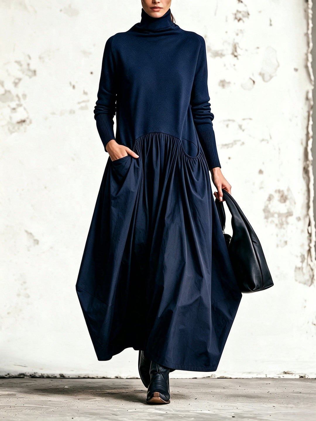 Bennett and Lowe Bridget blue turtleneck drop-waist pocket maxi dress