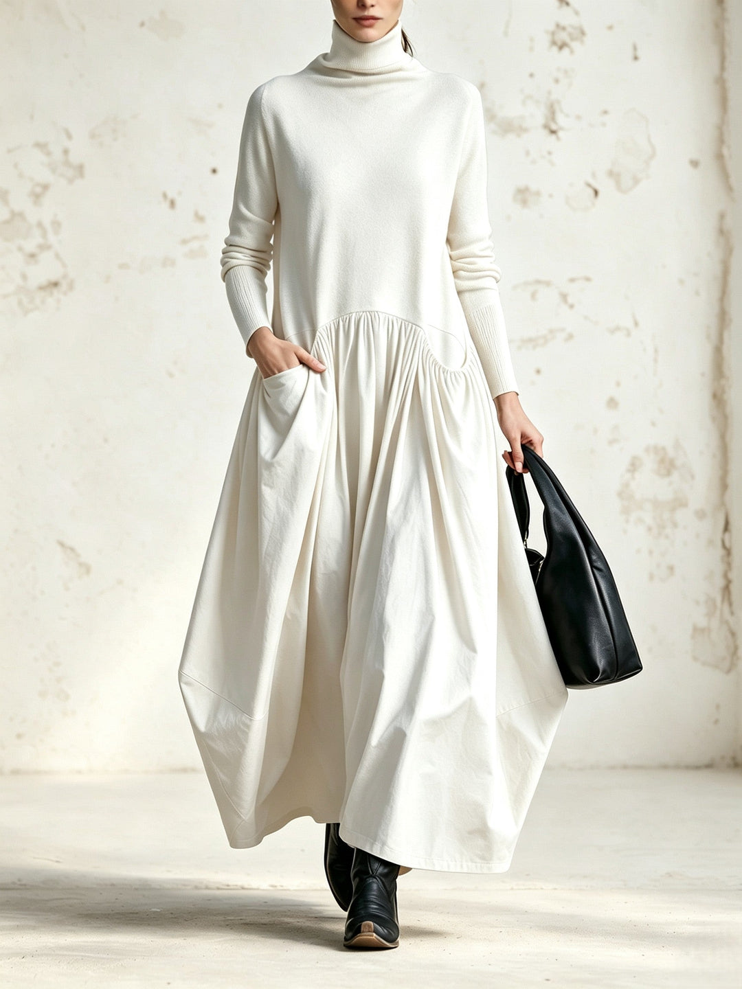 Bennett and Lowe white turtleneck drop-waist pocket maxi dress