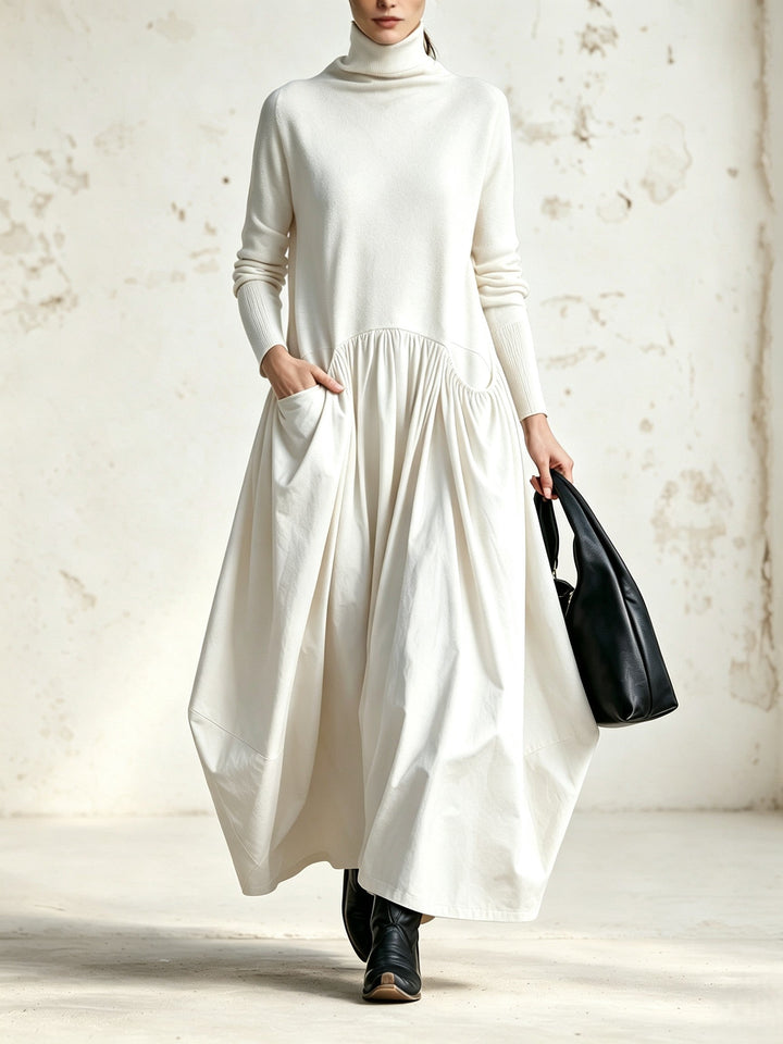 Bennett and Lowe white turtleneck drop-waist pocket maxi dress