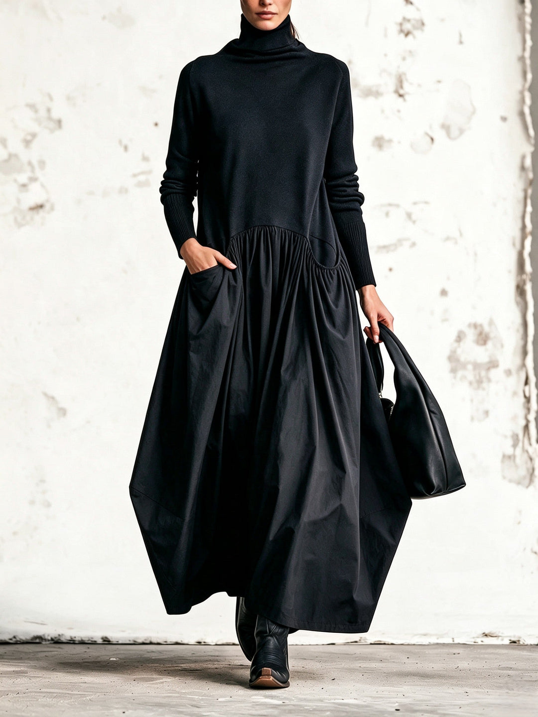 Bennett and Lowe Bridget turtleneck drop-waist pocket maxi dress in a full-length silhouette