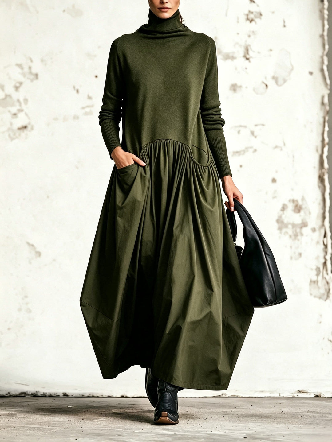 Bennett and Lowe Bridget turtleneck drop-waist pocket maxi dress in a full-length silhouette