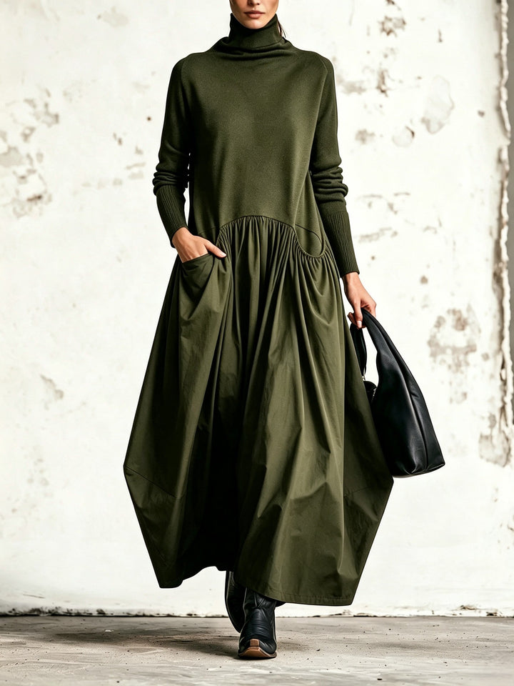 Bennett and Lowe Bridget turtleneck drop-waist pocket maxi dress in a full-length silhouette