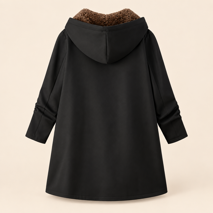 Heather Bennett & Lowe hooded longline coat with a cozy shearling lining, shown in a front view.