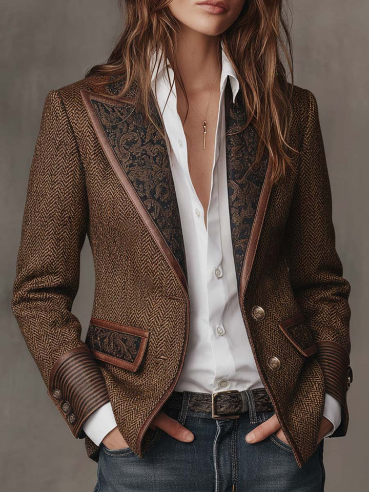 Elara Bennett and Lowe women's herringbone print panel blazer featuring tailored fit and classic style for professional or casual wear.