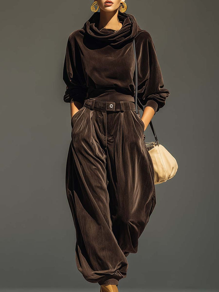 Cassandra hooded top and relaxed pants set by Bennett & Lowe, casual two-piece outfit in soft fabric, shown in a neutral color.