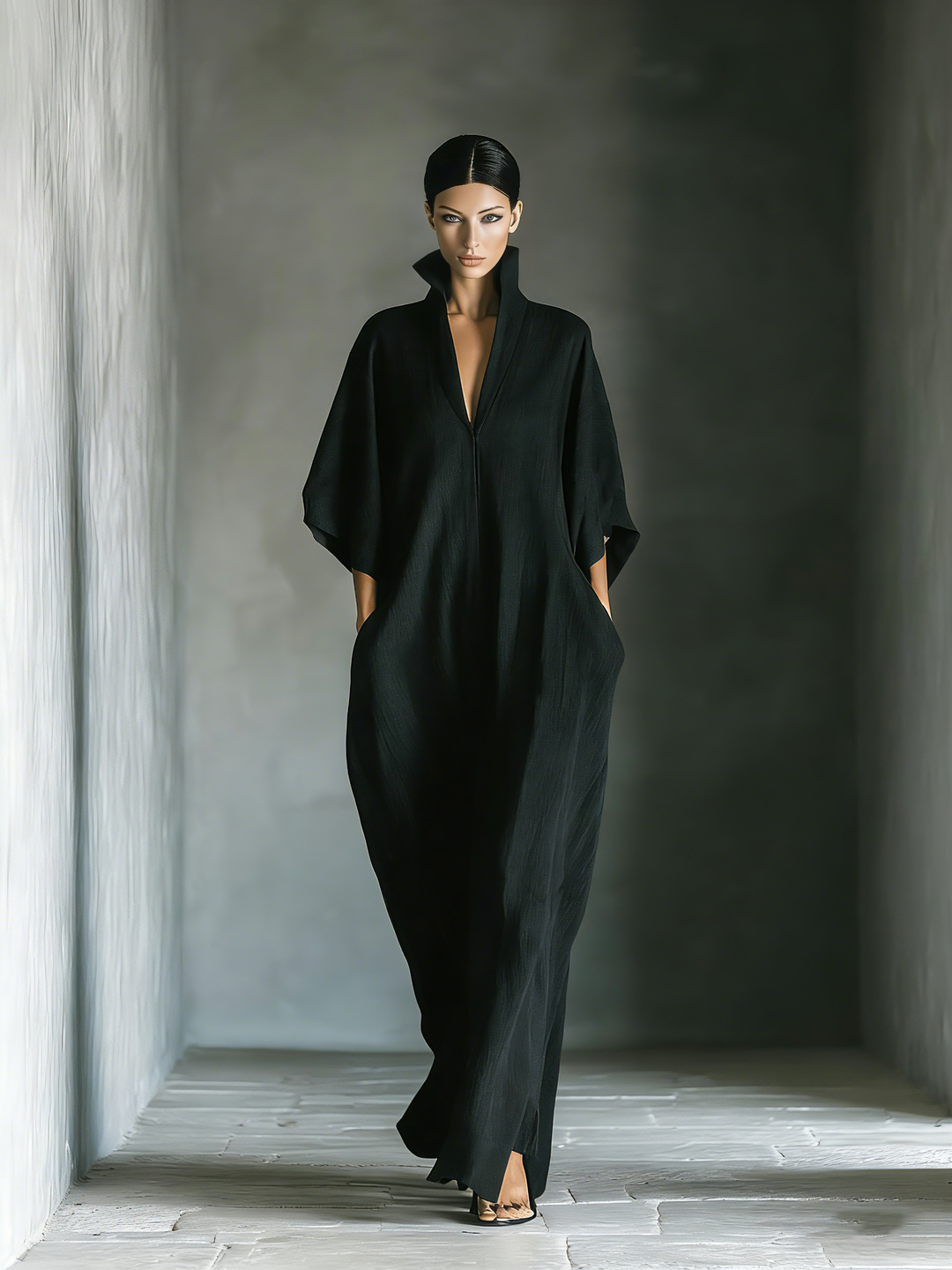 Bennett and Lowe Costanza V-neck kimono-sleeve maxi dress for women, flowing fabric, elegant design, and floor-length silhouette.