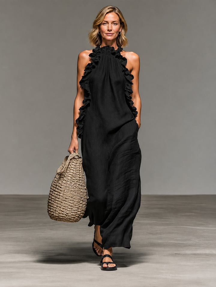 Emma soft ruffle maxi dress by Bennett and Lowe, flowing fabric with elegant ruffle details, perfect for stylish occasions.