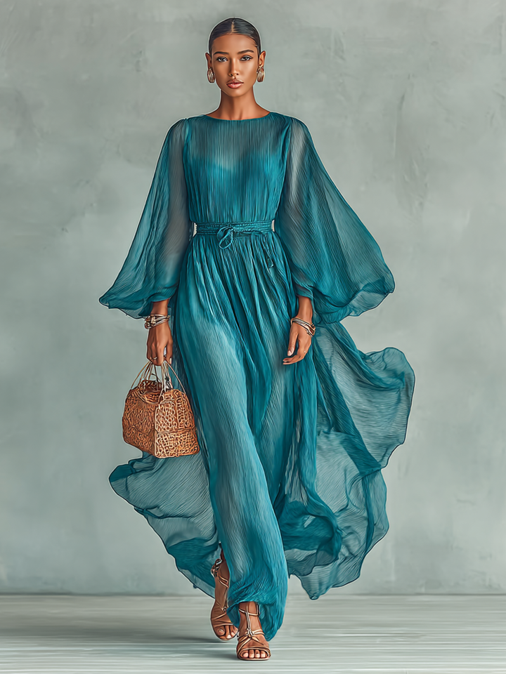 Greta | Pleated Sheer-Sleeve Belted Midi Dress for Women