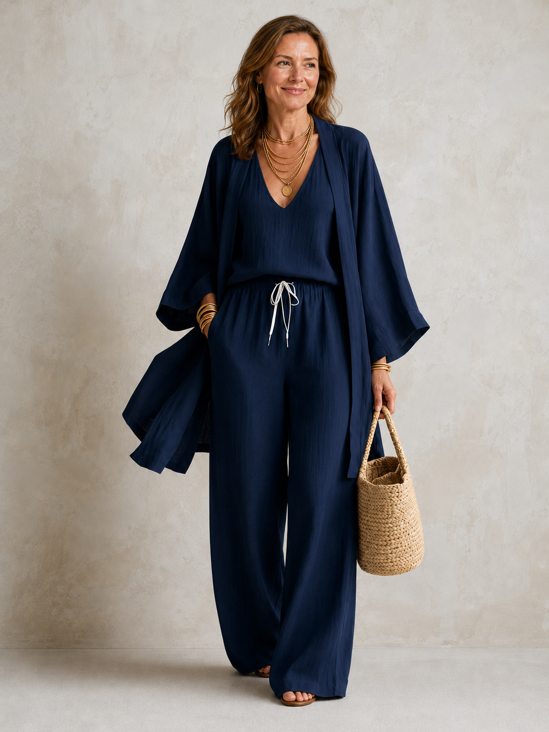Bennett and Lowe Elena 3-piece linen look set including a top, pants, and blazer on a neutral background.