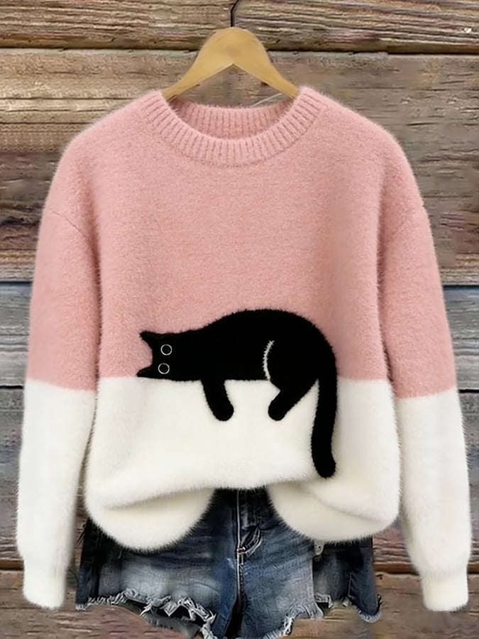 Aileen Bennett and Lowe women's oversized sweater with a playful cat print, soft knit fabric, and relaxed fit for casual comfort.