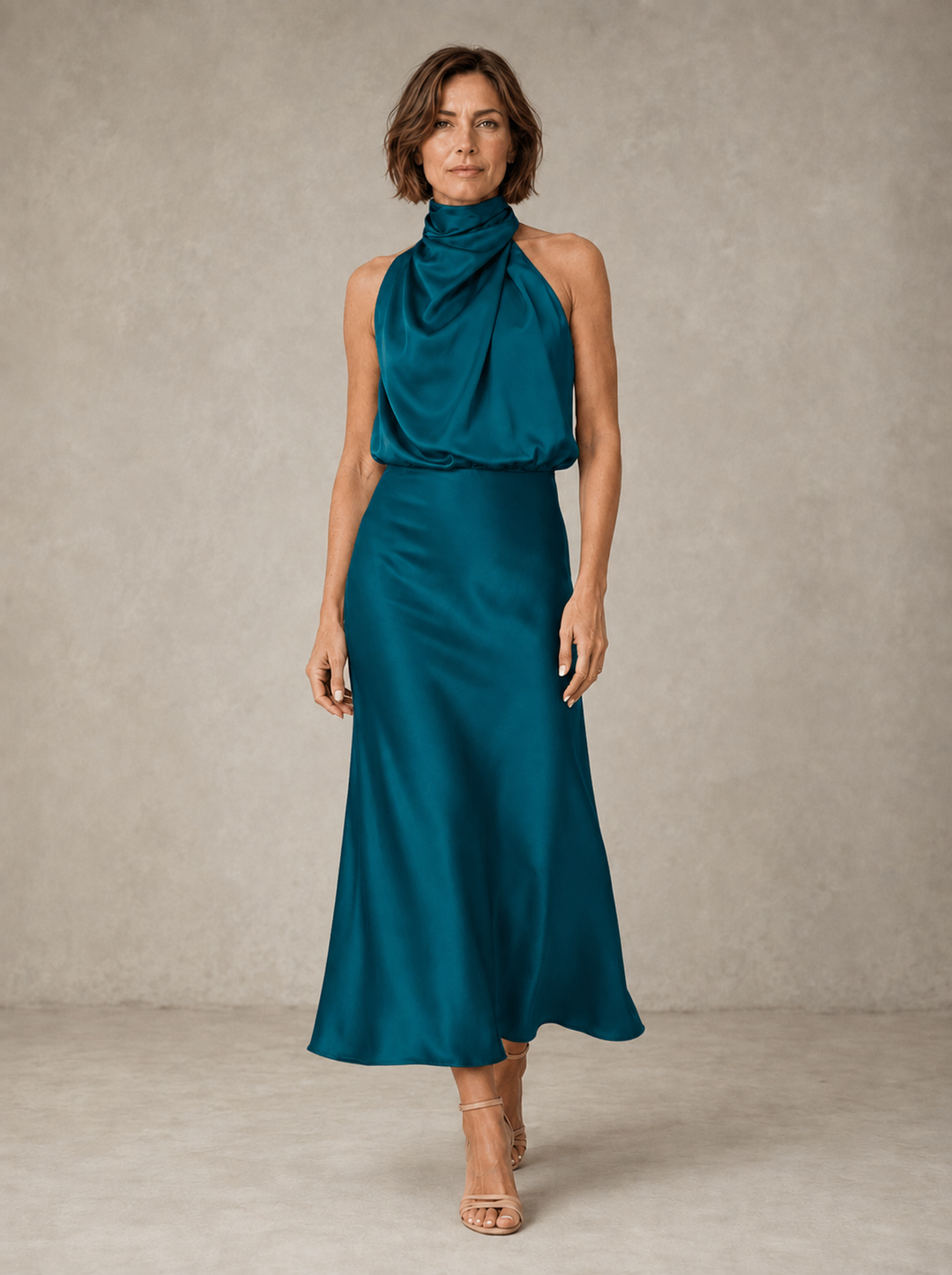 Violet & Grace Harper halter satin evening dress in elegant black, featuring a fitted silhouette and stylish halter neckline.