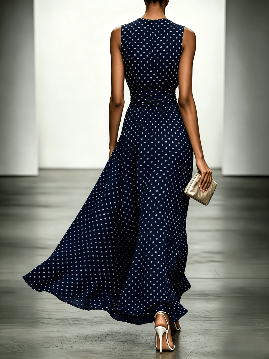 Polka dot maxi dress by Bennett and Lowe, featuring a flowing silhouette and vibrant pattern, worn by a model.