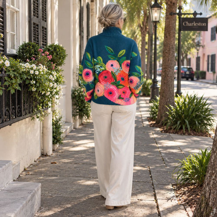 Back view of Bennett and Lowe Alice floral embroidered turtleneck knit sweater hanging on a street sign.