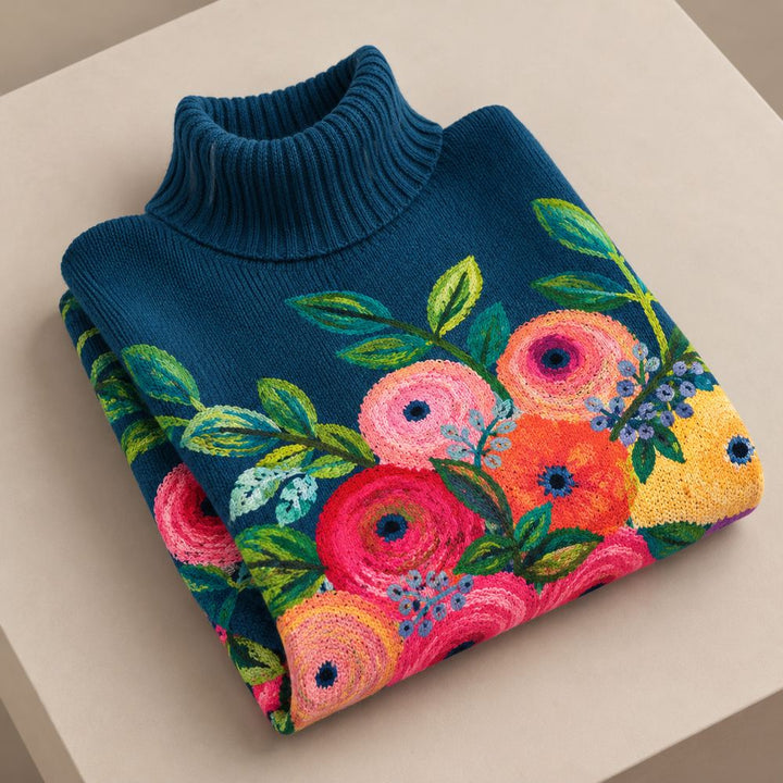 Folded floral embroidered turtleneck knit sweater named Alice by Bennett and Lowe, showcasing intricate embroidery and cozy knit fabric.