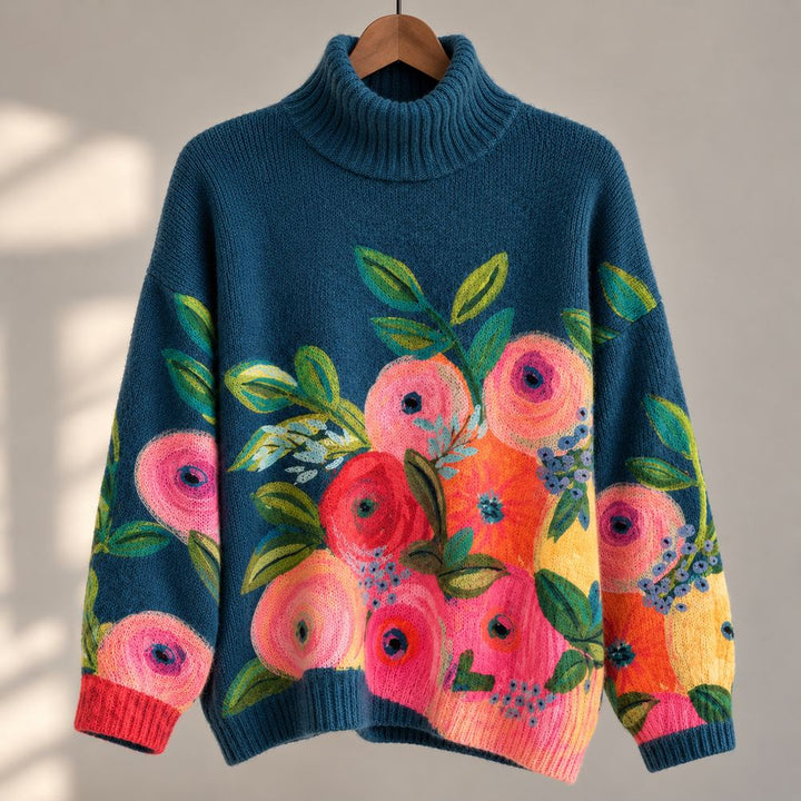 Alice floral embroidered turtleneck knit sweater by Bennett and Lowe, featuring intricate floral embroidery and cozy knit fabric.