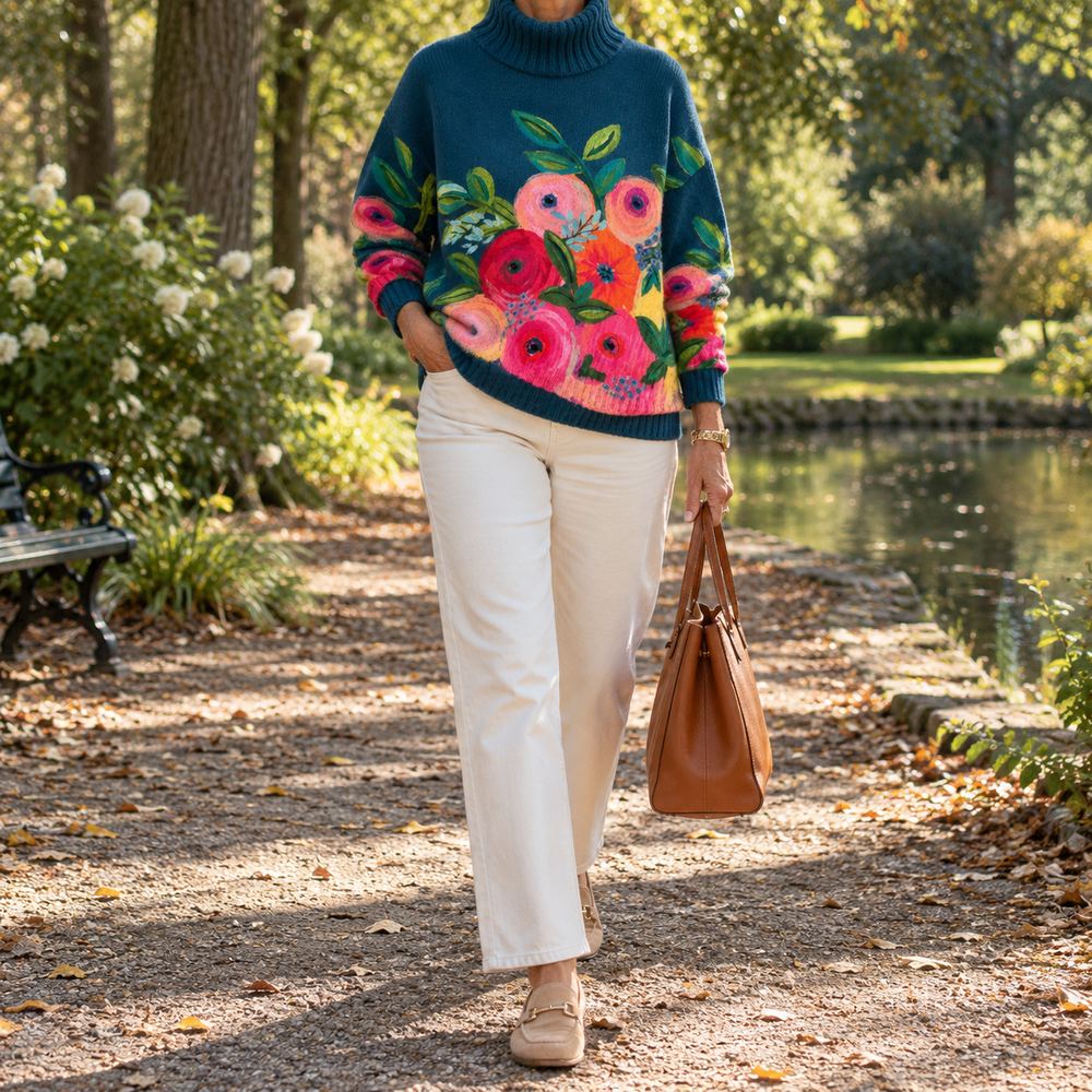 Alice floral embroidered turtleneck knit sweater by Bennett and Lowe, featuring colorful floral embroidery on a cozy knit fabric.
