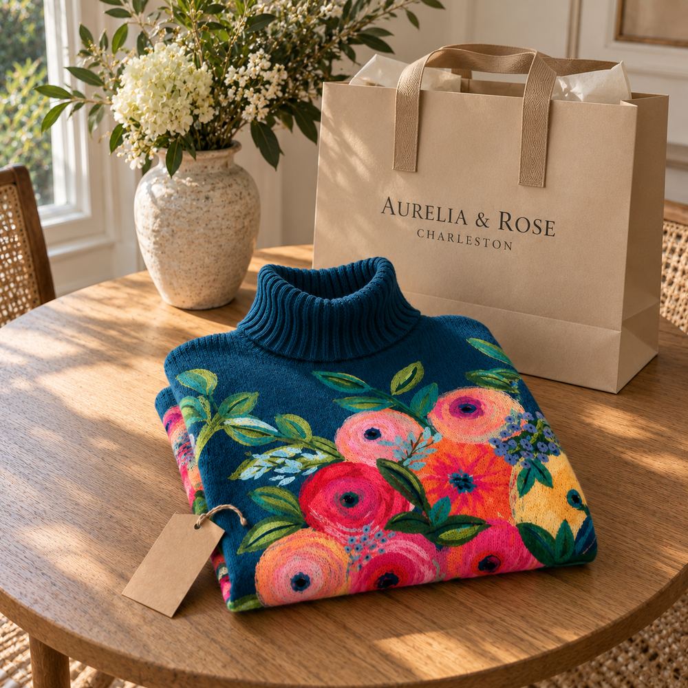 Unboxing image of Bennett and Lowe Alice floral embroidered turtleneck knit sweater, showing detailed embroidery and cozy knit fabric.