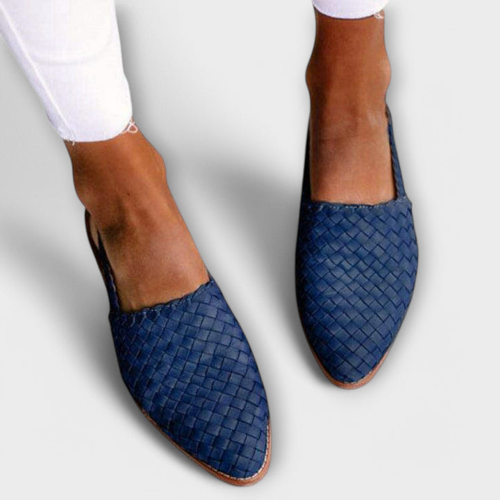 Bennett and Lowe Aurora woven slingback loafers with braided design and low heel on a neutral background.