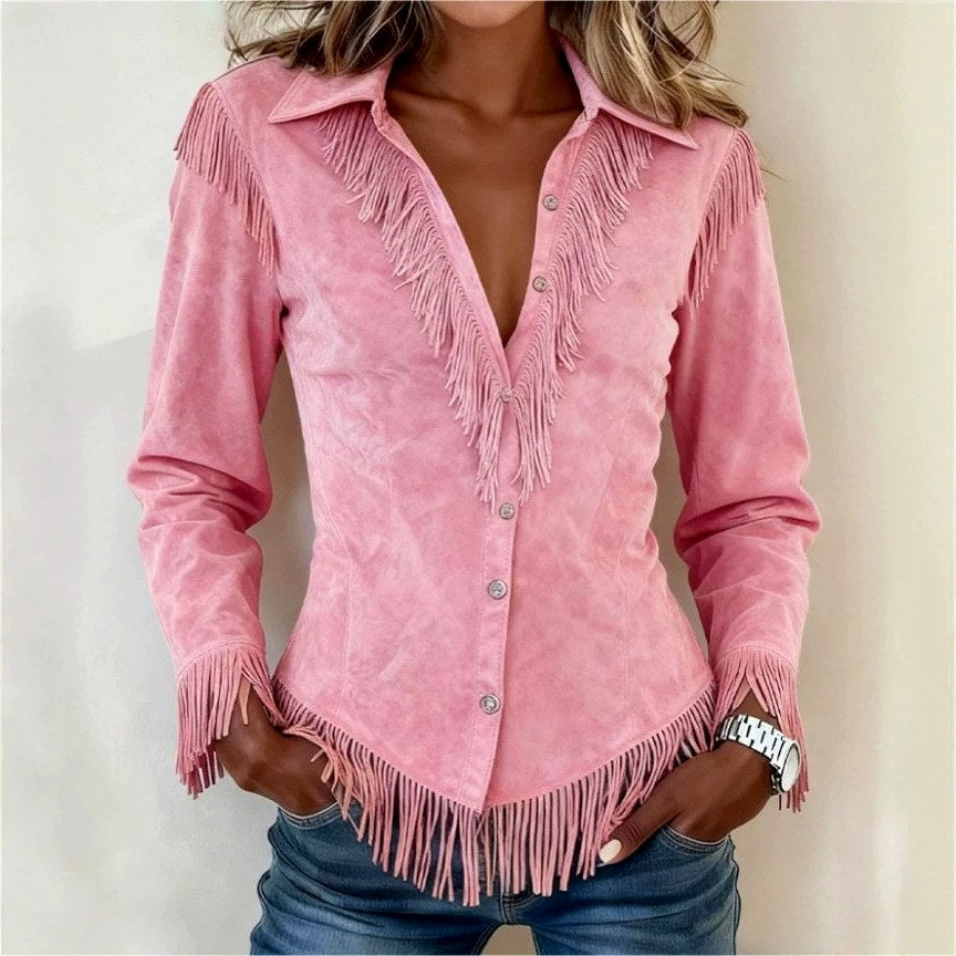 Bennett and Lowe Delphine fringe yoke button-front shirt with faux suede western cowgirl style, featuring fringe detailing and a classic fit.