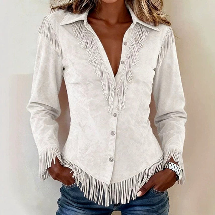 Bennett and Lowe Delphine Fringe Yoke Button-Front Western Cowgirl Shirt with faux suede finish and fringe details.
