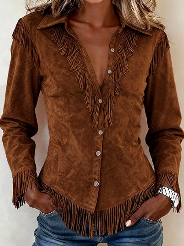 Bennett and Lowe Delphine Fringe Yoke Button-Front Shirt in faux suede with Western-style fringe detail on the yoke.