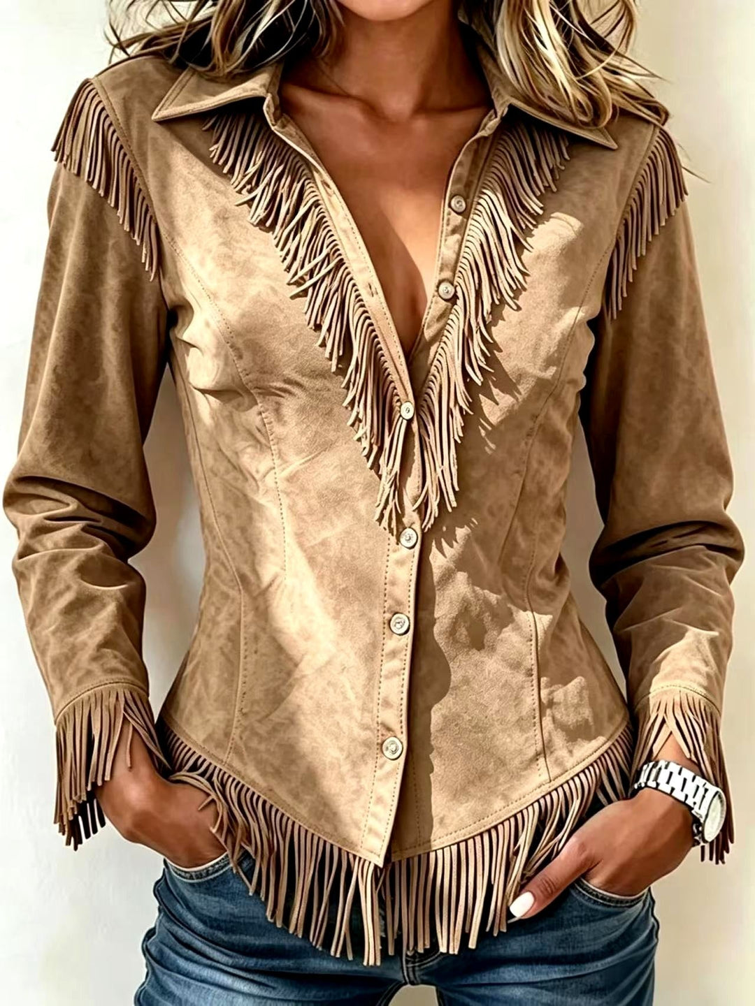 Bennett and Lowe Delphine fringe yoke button-front shirt with Western-style faux suede and cowgirl-inspired fringe detailing.